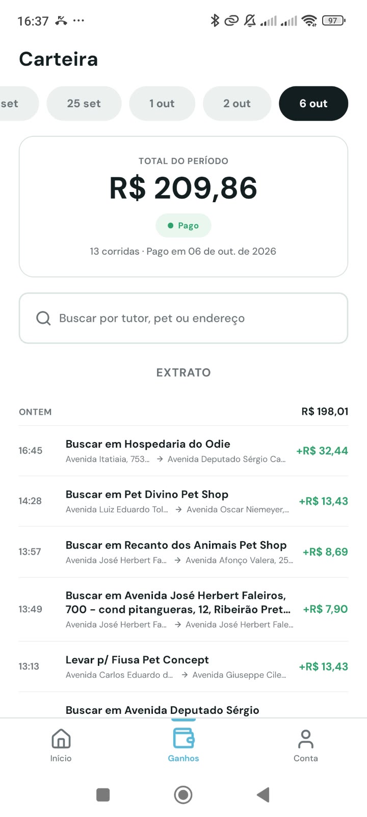 Tela Carteira do App Flashdoguer com ganhos da semana