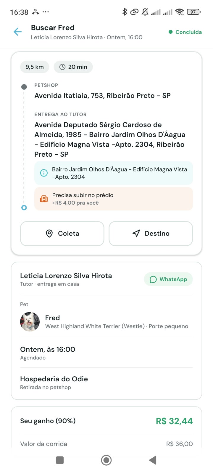 Detalhe do ganho da corrida com transparência de valor