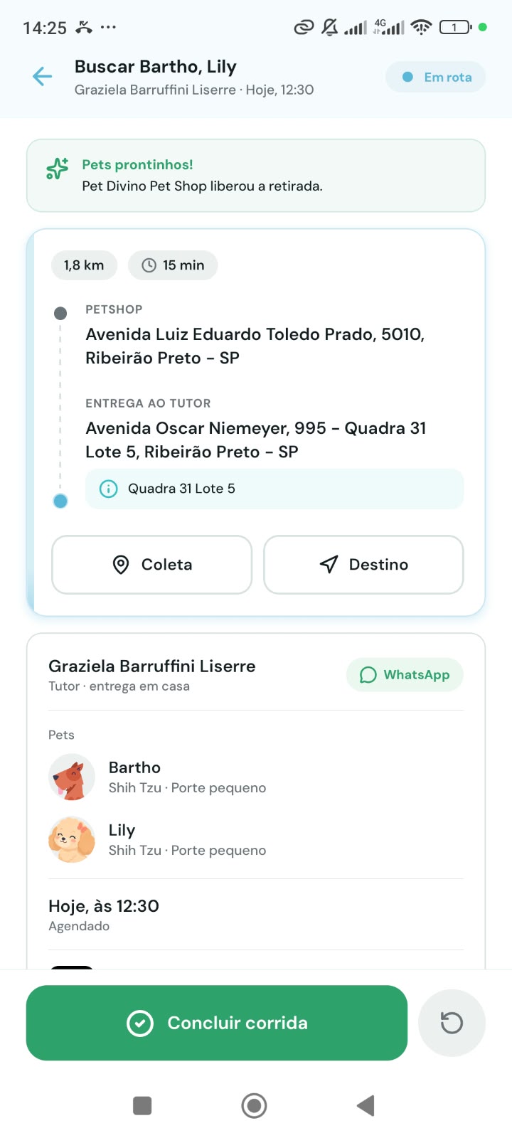 Corrida em rota com dados do pet e endereço