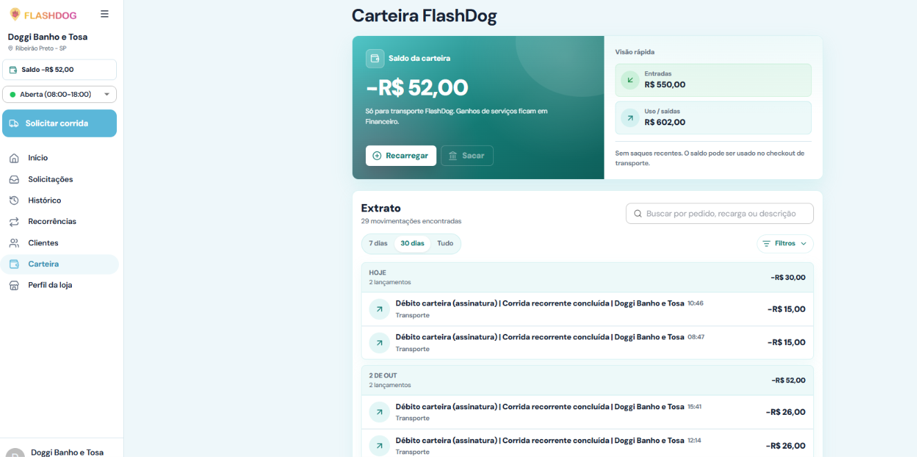 Carteira Flashdog com saldo e histórico de transações