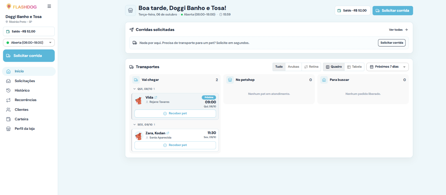 Dashboard do CRM Flashdog mostrando transportes do dia